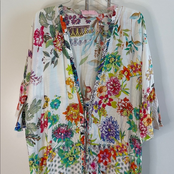 Johnny Was Gorgeous Pink and Blue Floral Kimono with Tie Front, Ruffles - Picture 7 of 11